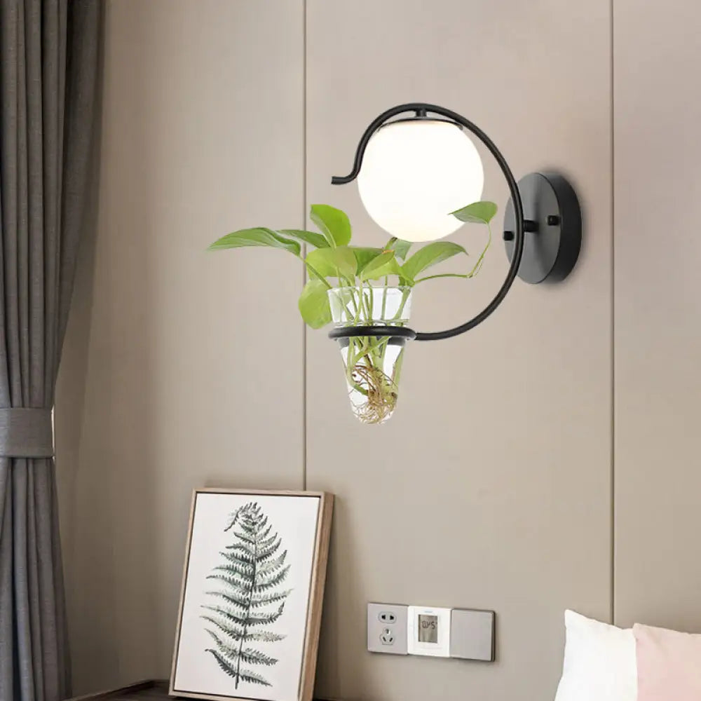Vintage Glass Orb Sconce: Cream/Smoke Gray 1-Bulb Bedroom Wall Lamp In Black/Gold With C-Shaped Arm