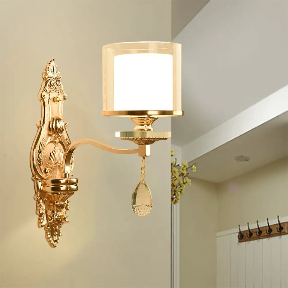 Vintage Gold Finish Cylinder Sconce Light: Metal Wall Fixture With Double Glass Shade And Crystal