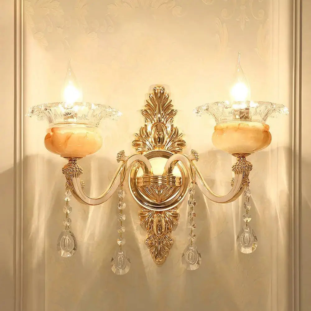 Vintage Gold Floral Cream Glass Wall Light Fixture - Unique Living Room Lamp 2 / I