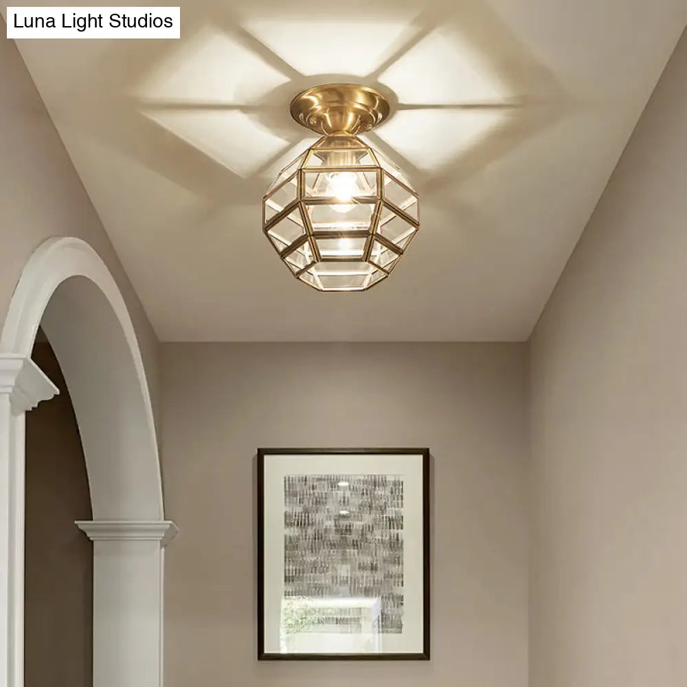Vintage Gold Six-Sided Flush Mount Ceiling Light With Clear Glass Pane