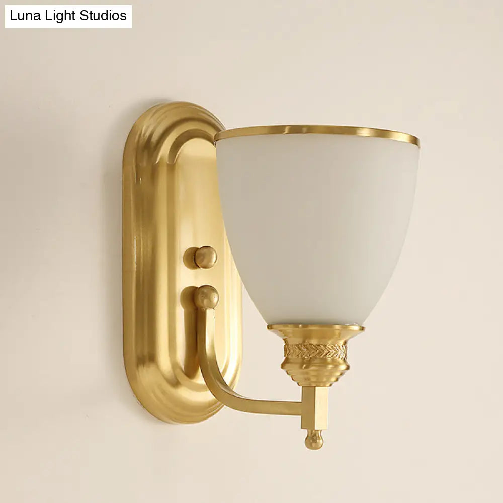 Vintage Gold Wall Light Fixture With Opal Frost Glass Lamp - Single-Bulb Mounted