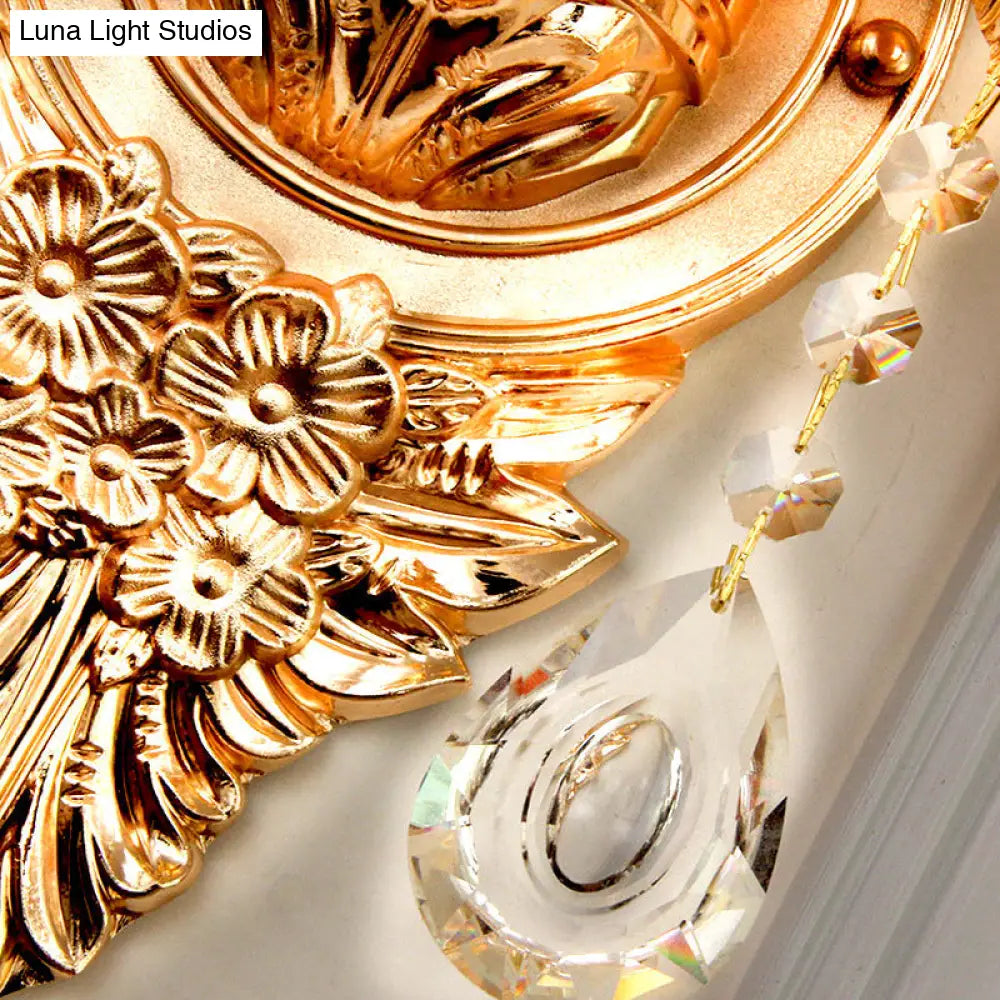 Vintage Gold Wall Light With Frosted Glass Ruffle Flower And Crystal Accent