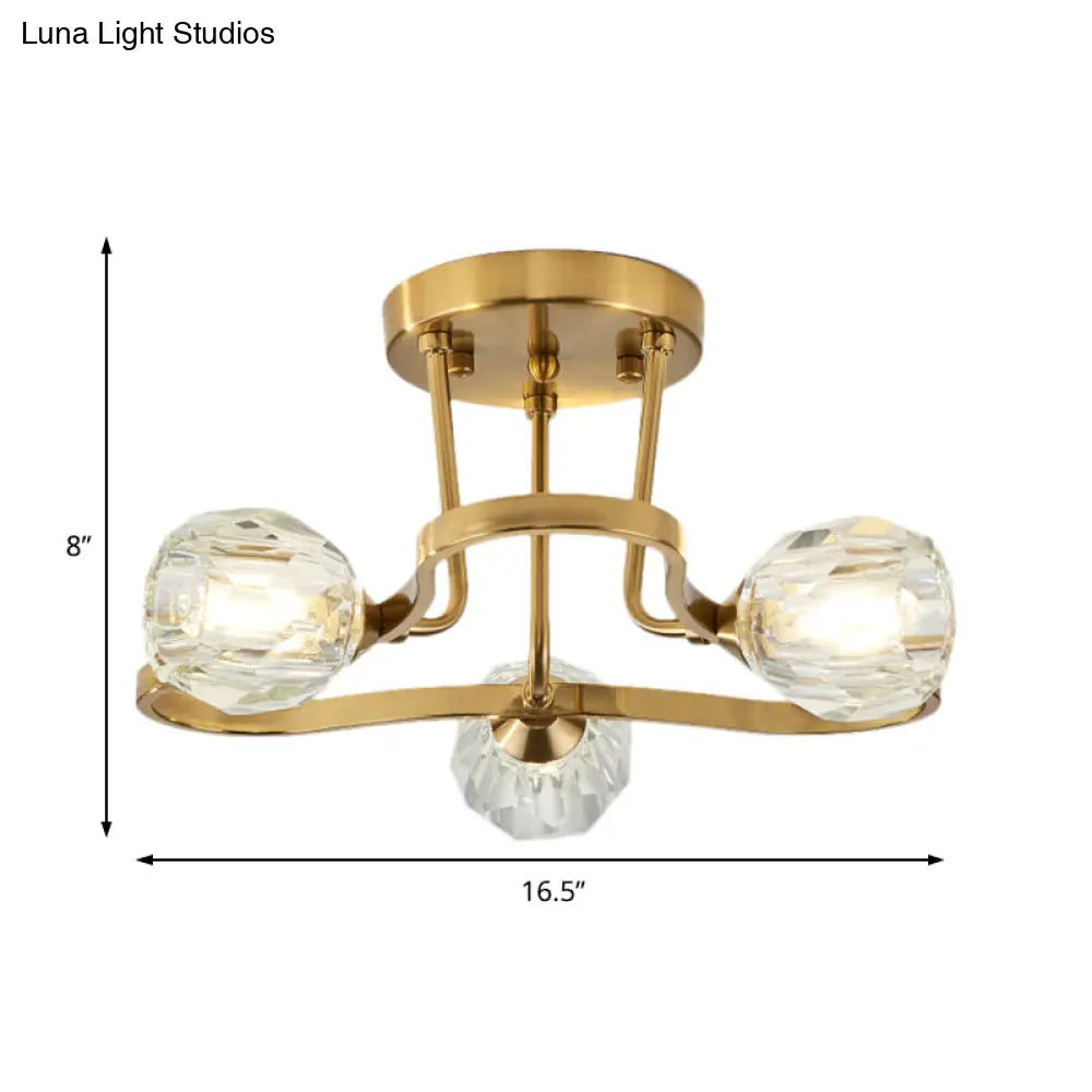 Vintage Golden Metal Semi Flush Mount Light With Clear Crystal Shade - 3/6 Lights