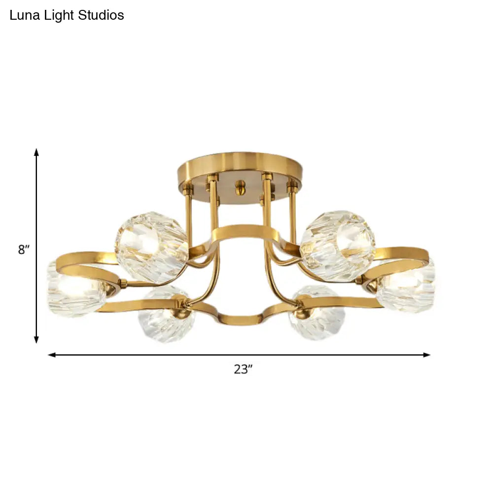 Vintage Golden Metal Semi Flush Mount Light With Clear Crystal Shade - 3/6 Lights