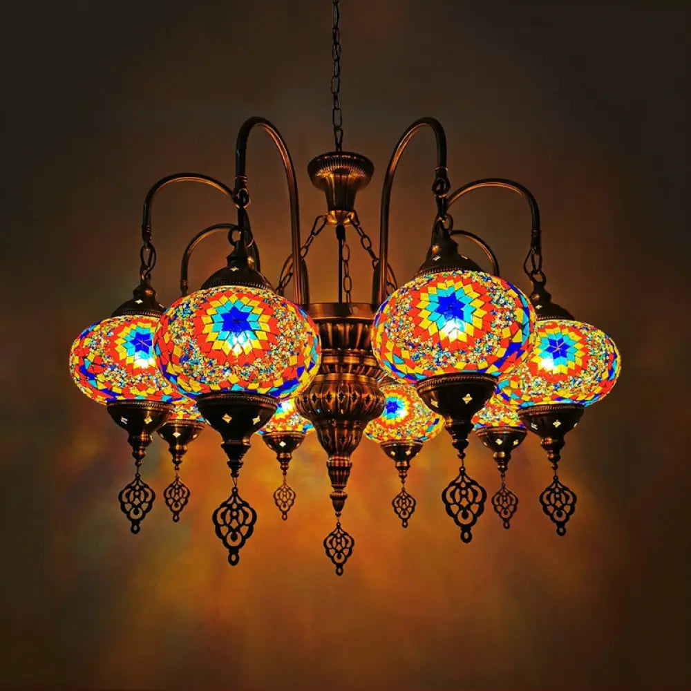 Vintage Handcrafted Art Glass Oval Pendant Light Chandelier With 9 White/Yellow/Gold Heads For