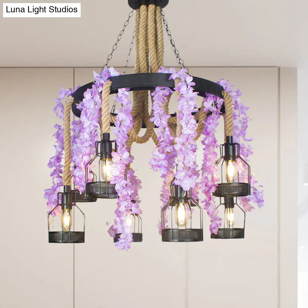 Vintage Hemp Rope Flower Chandelier With Metal Cage And 8 Heads