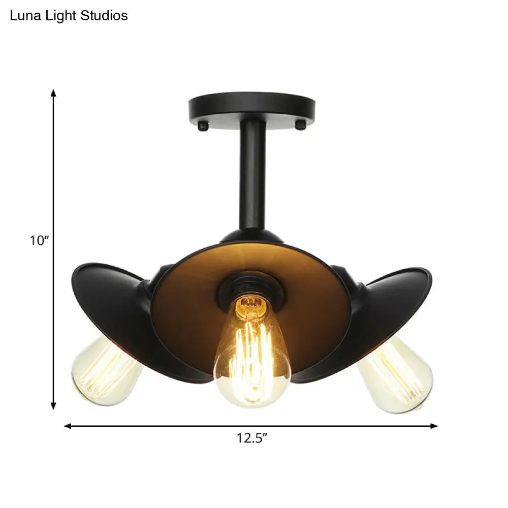 Vintage Indoor Ceiling Light - Black Flush Mount With Metallic Cone/Saucer Shade