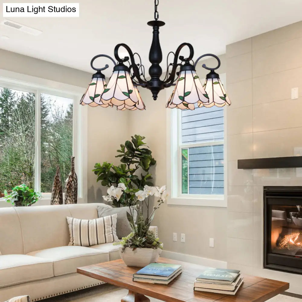 Vintage Indoor Lighting: Multi Light Cone Chandelier With Rhombus/Leaf Pattern Beige Glass For