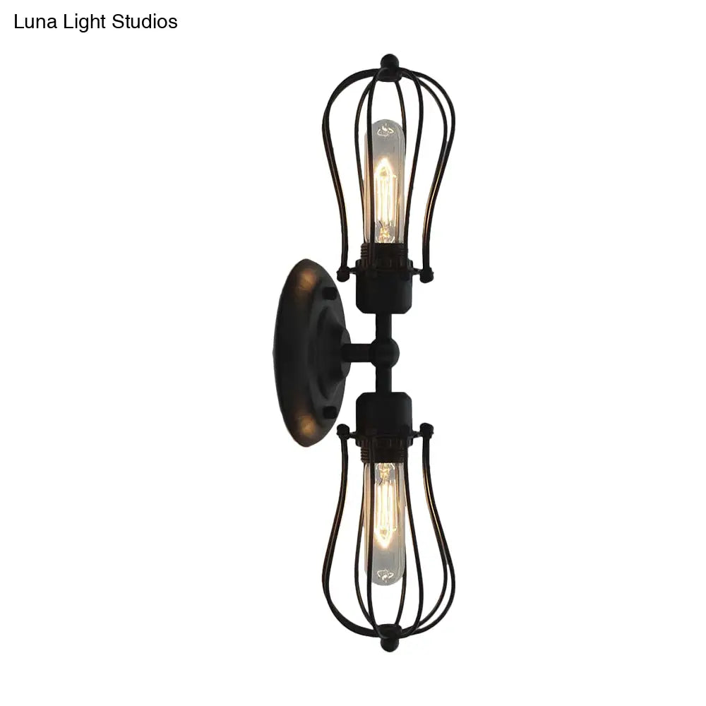 Vintage Industrial 1/2-Light Metal Bulb Wall Sconce With Cage Shade For Restaurants - Black/Nickel