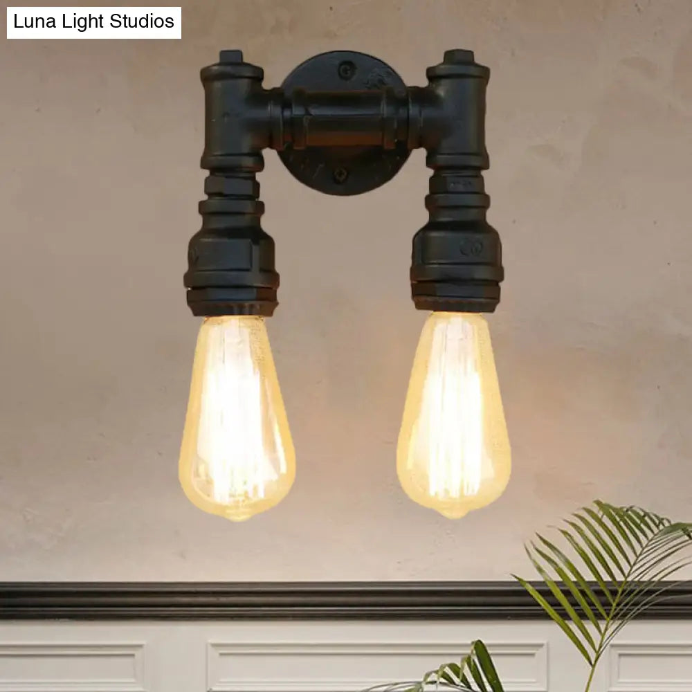 Vintage Industrial 2-Light Wall Sconce With Water Pipe Décor In Black/Antique Brass