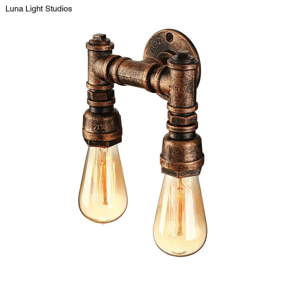Vintage Industrial 2-Light Wall Sconce With Water Pipe Décor In Black/Antique Brass