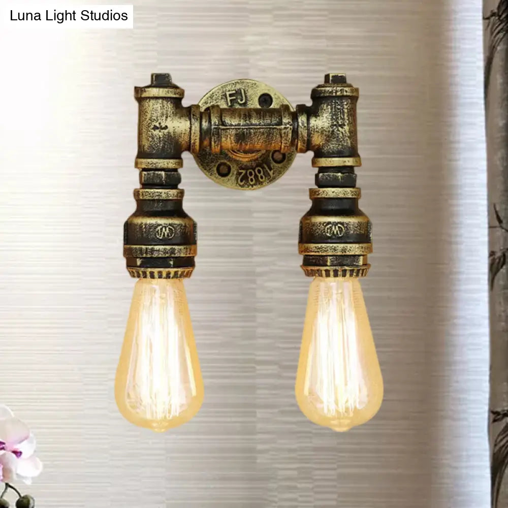 Vintage Industrial 2-Light Wall Sconce With Water Pipe Décor In Black/Antique Brass