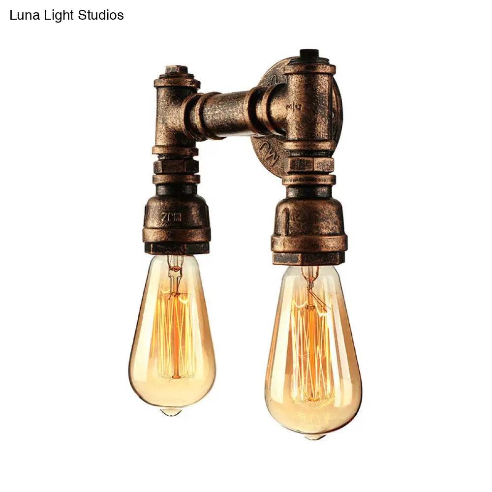 Vintage Industrial 2-Light Wall Sconce With Water Pipe Décor In Black/Antique Brass