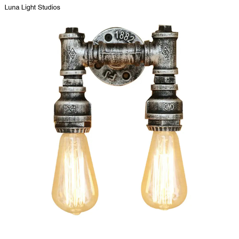 Vintage Industrial 2-Light Wall Sconce With Water Pipe Décor In Black/Antique Brass