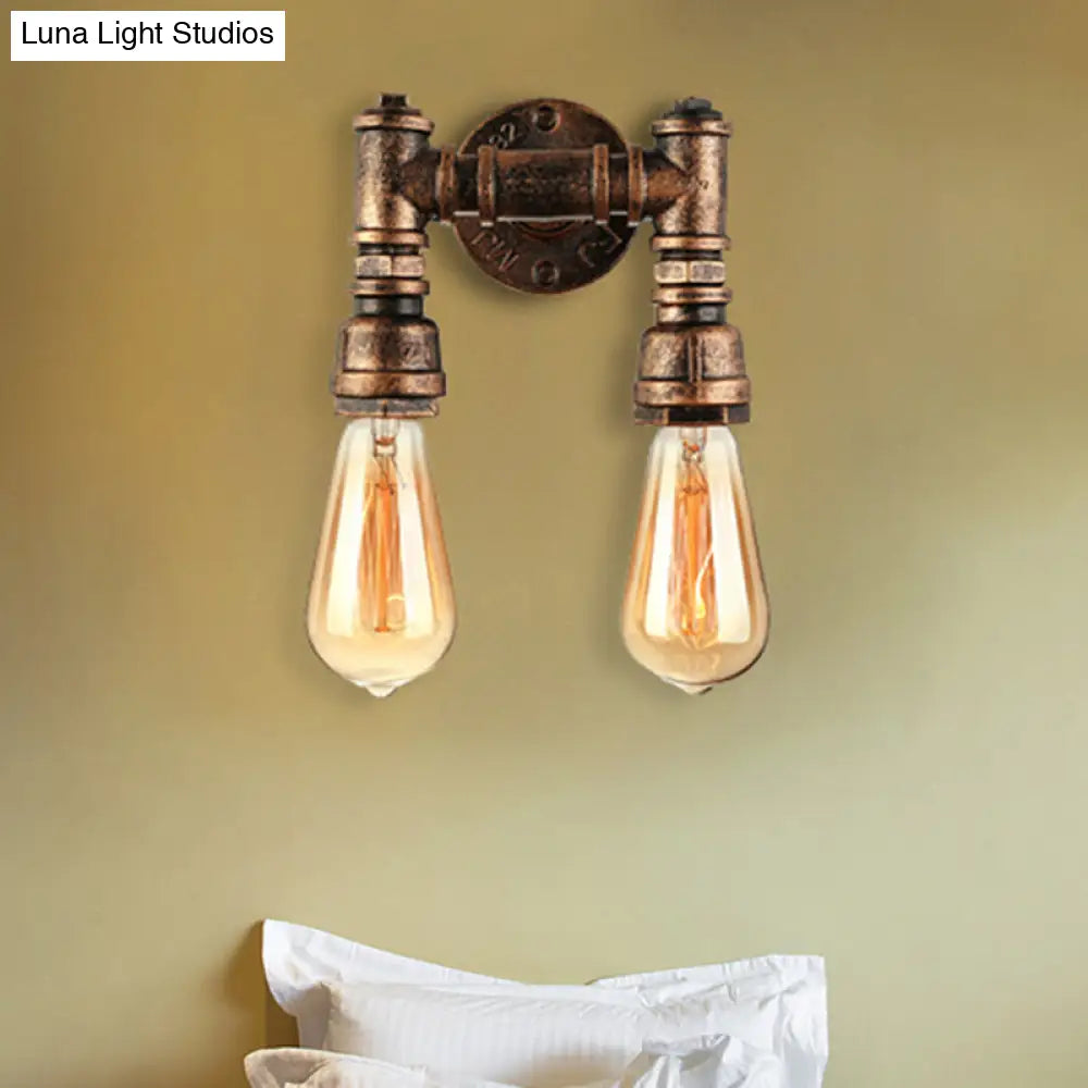 Vintage Industrial 2-Light Wall Sconce With Water Pipe Décor In Black/Antique Brass