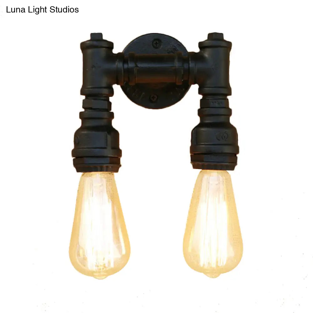 Vintage Industrial 2-Light Wall Sconce With Water Pipe Décor In Black/Antique Brass