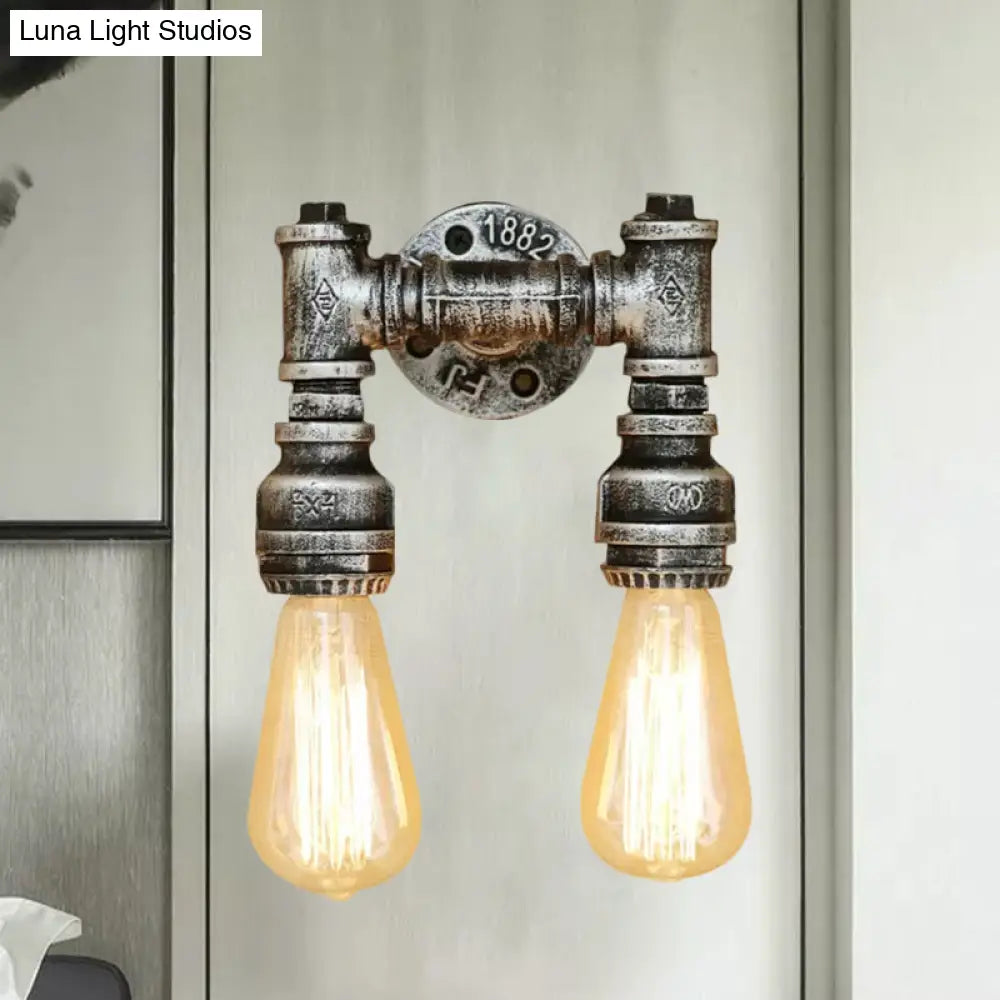 Vintage Industrial 2-Light Wall Sconce With Water Pipe Décor In Black/Antique Brass