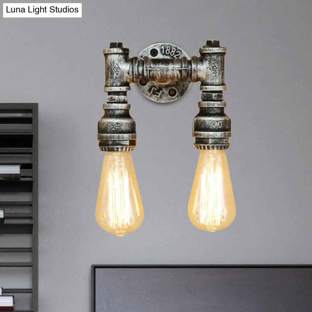 Vintage Industrial 2-Light Wall Sconce With Water Pipe Décor In Black/Antique Brass
