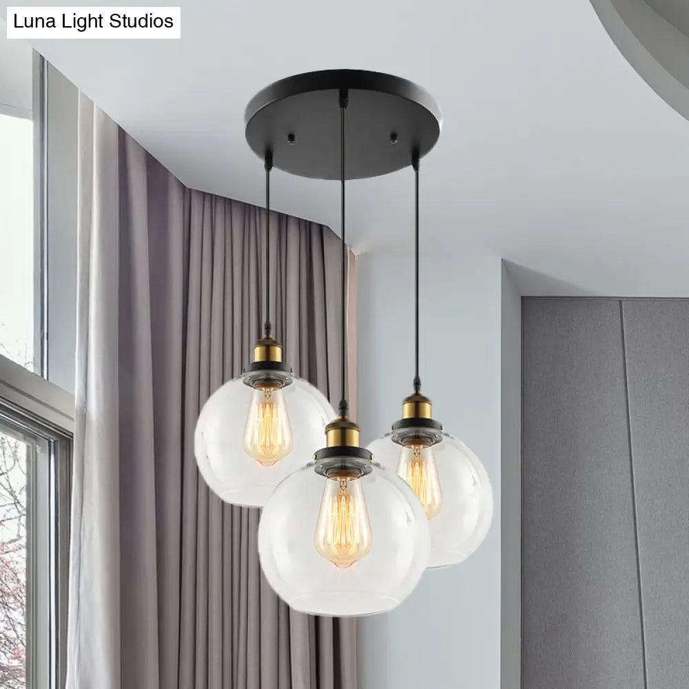 Vintage Industrial Brass Orb Pendant Light With Clear Glass Shade - 3/4-Light Multi Hanging Fixture