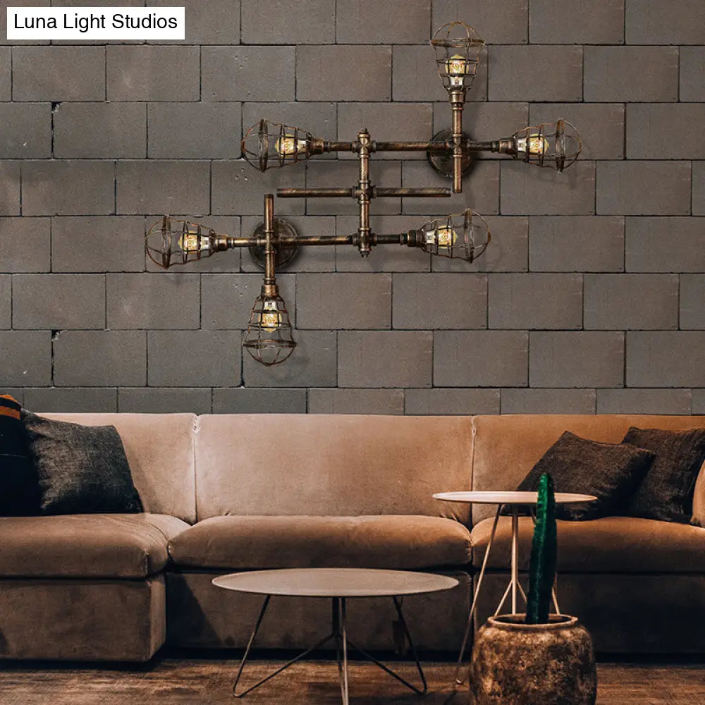 Vintage Industrial Brass Wire Cage Semi-Flush Light With Pipe - 4/6/8 Heads For Living Room Ceiling