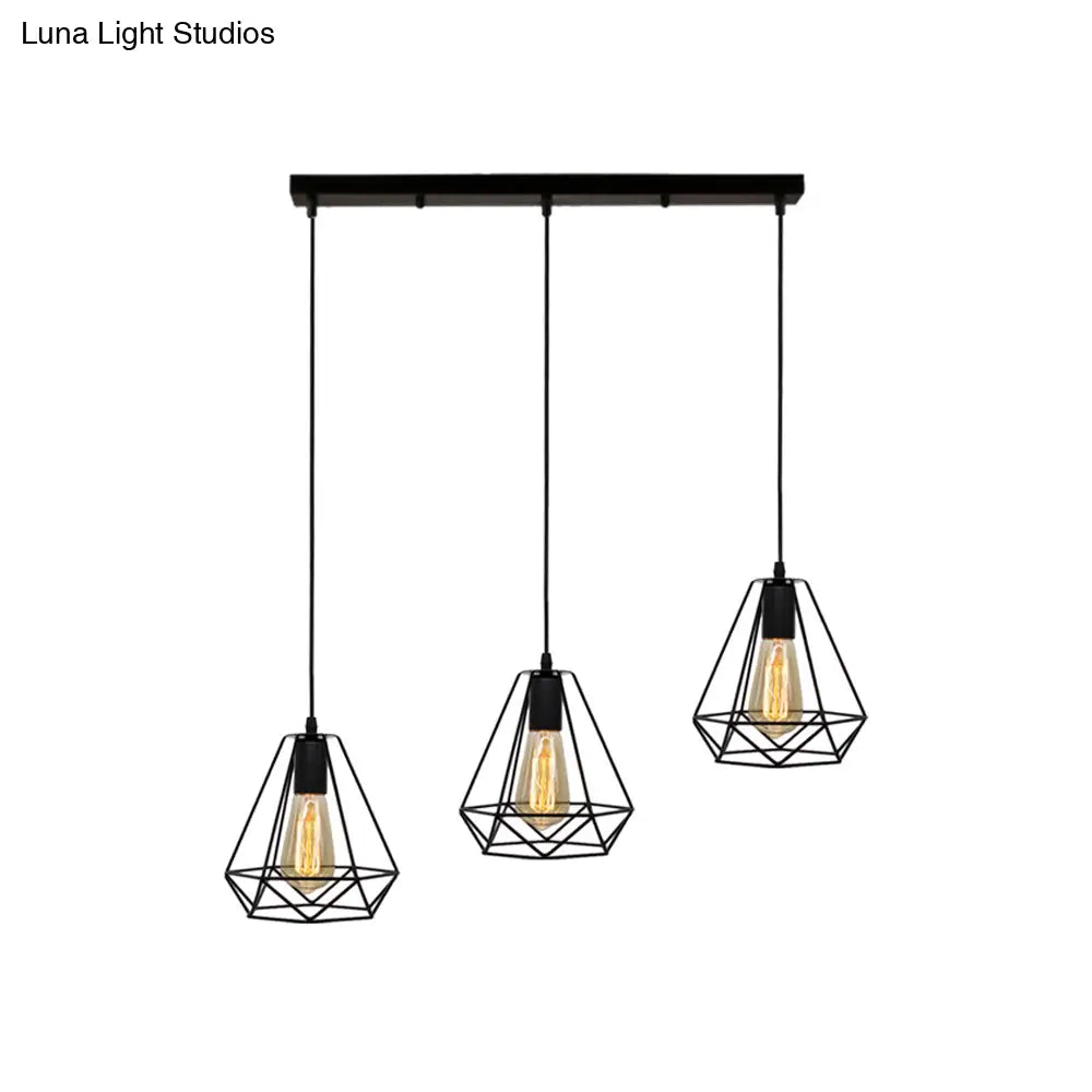 Vintage Industrial Metal Teardrop Cage Pendant Light With 3 Lights For Living Room - Black
