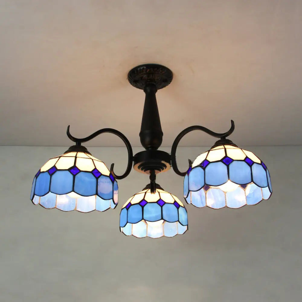 Vintage Industrial Stained Glass Semi Flush Mount Ceiling Light With 3 Rhombus/Magnolia Patterns In