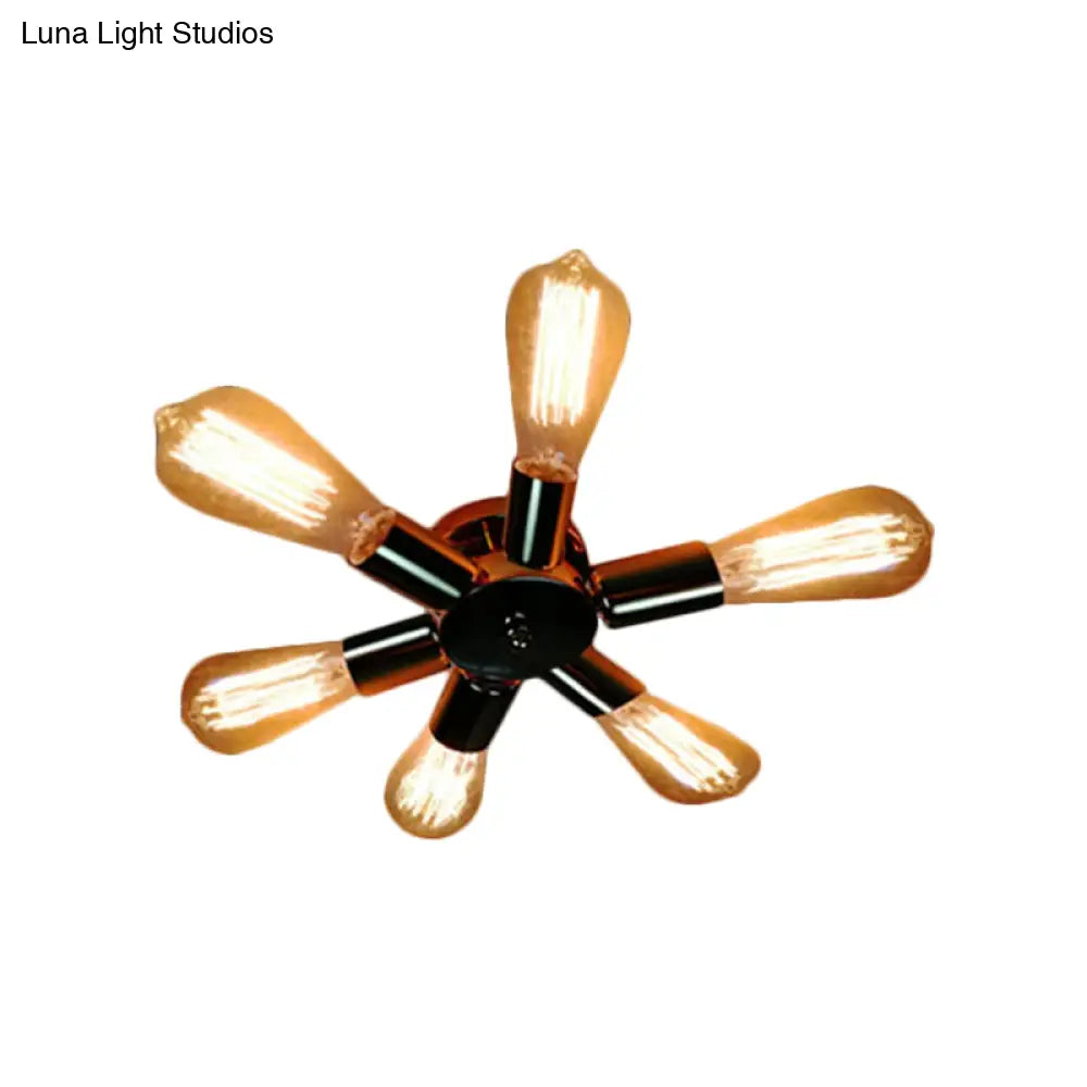 Vintage Inspired Exposed Bulb Semi Flush Pendant Light - 3/6 Lights Metal Ceiling Fixture In Brass