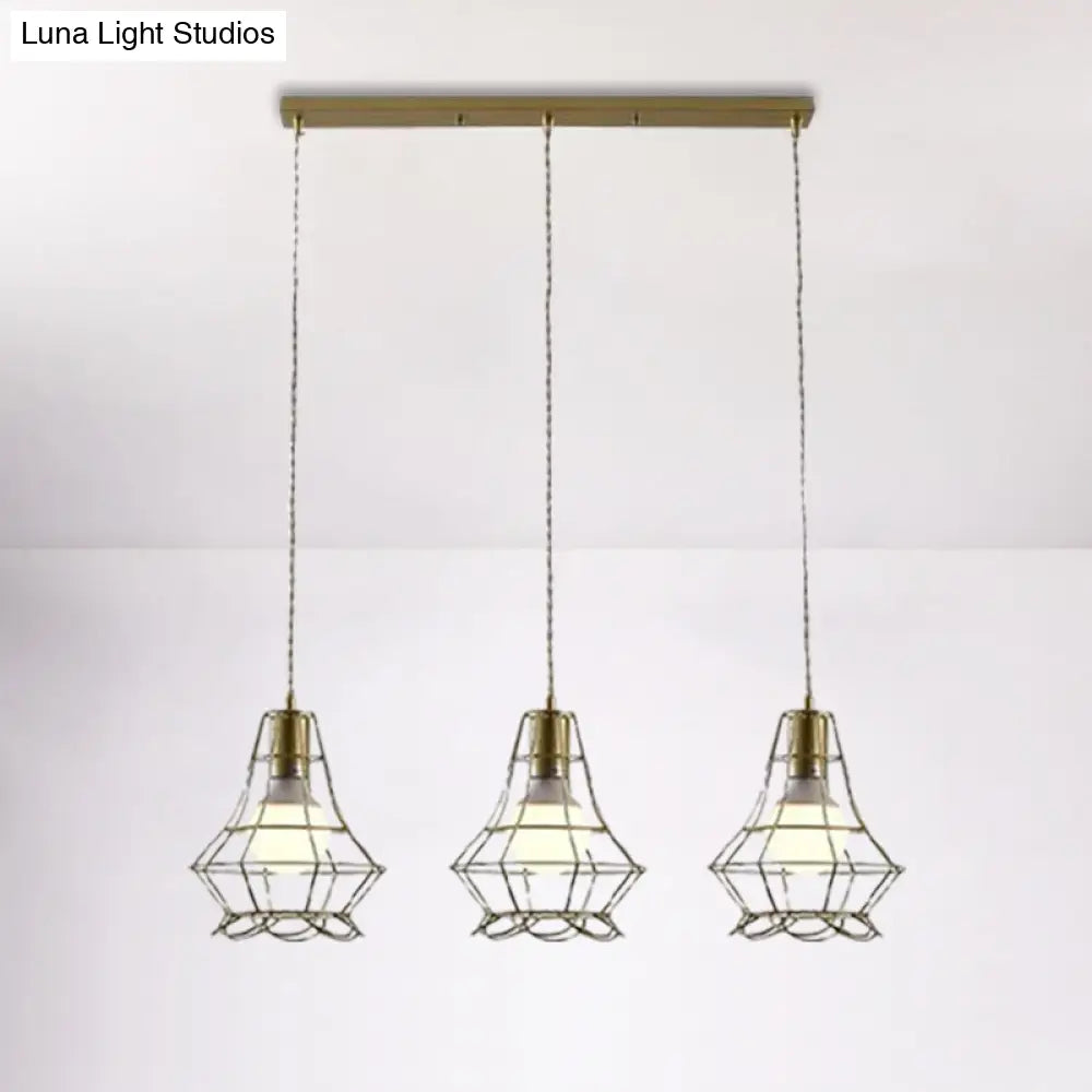 Vintage Iron Caged Pendant Lamp With Petal Shade - Golden 3 Lights Hanging Fixture