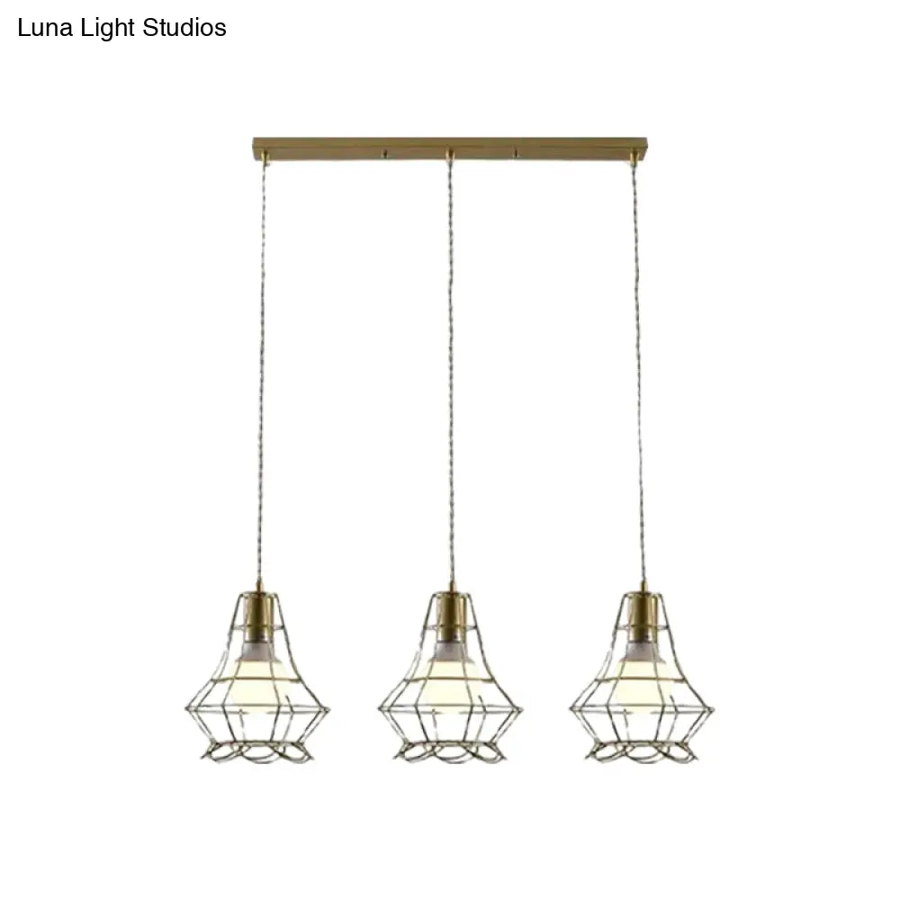 Vintage Iron Caged Pendant Lamp With Petal Shade - Golden 3 Lights Hanging Fixture