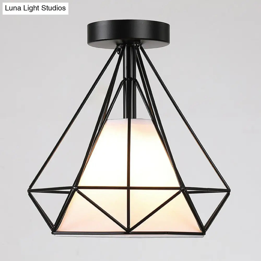 Vintage Iron Diamond Cage Ceiling Light - Black Flush Mount Fixture