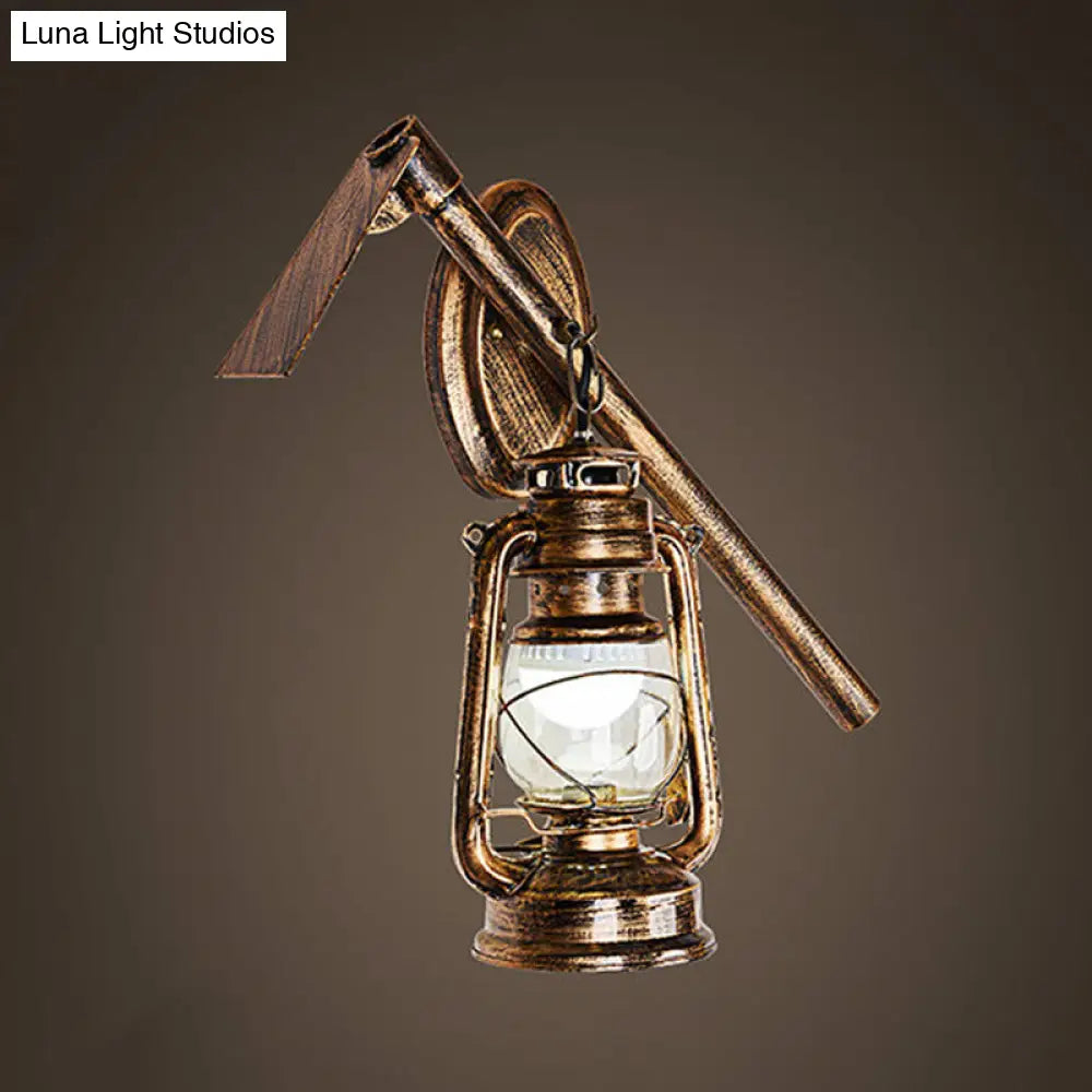 Vintage Lantern Style Wall Hanging Sconce Light In Bronze With Clear Glass And Metal Hoe Deco -