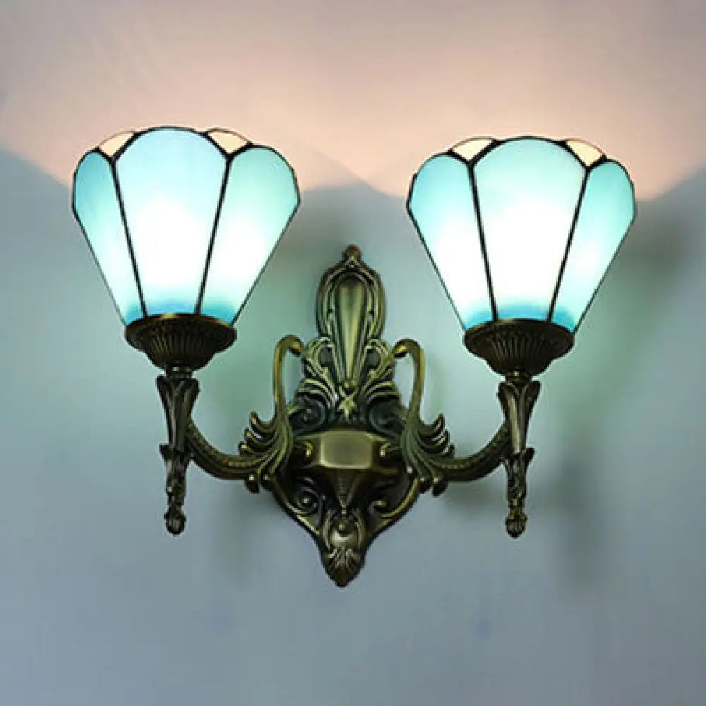 Vintage Loft Stained Glass Cone Wall Sconce Light In White/Blue - 2 Lights For Bedroom Blue