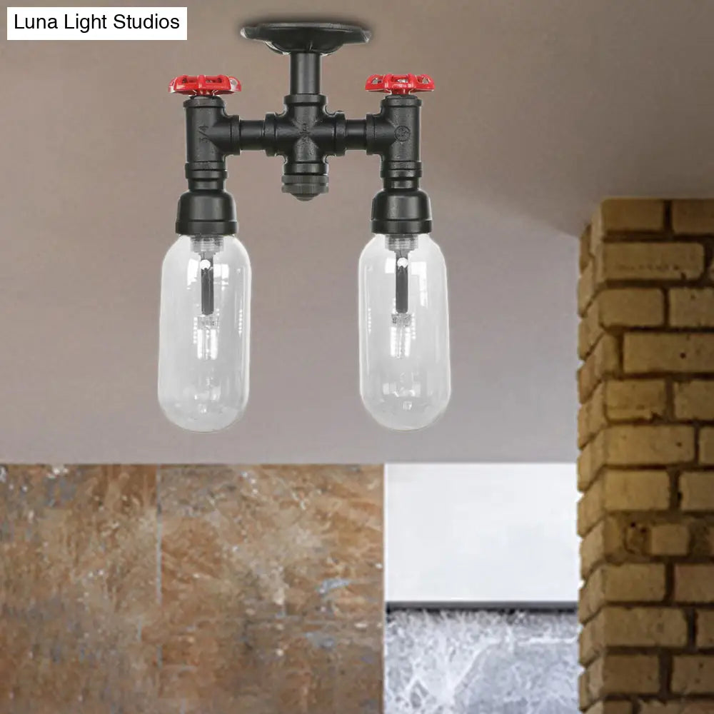 Vintage Matte Black Semi Mount Ceiling Light With Clear Glass Shades - 2 - Light Capsule Design