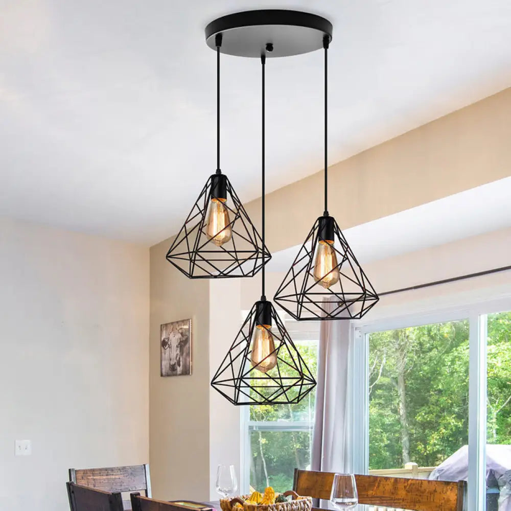 Vintage Metal 3-Light Black Diamond Ceiling Chandelier For Dining Room Pendant Lighting With