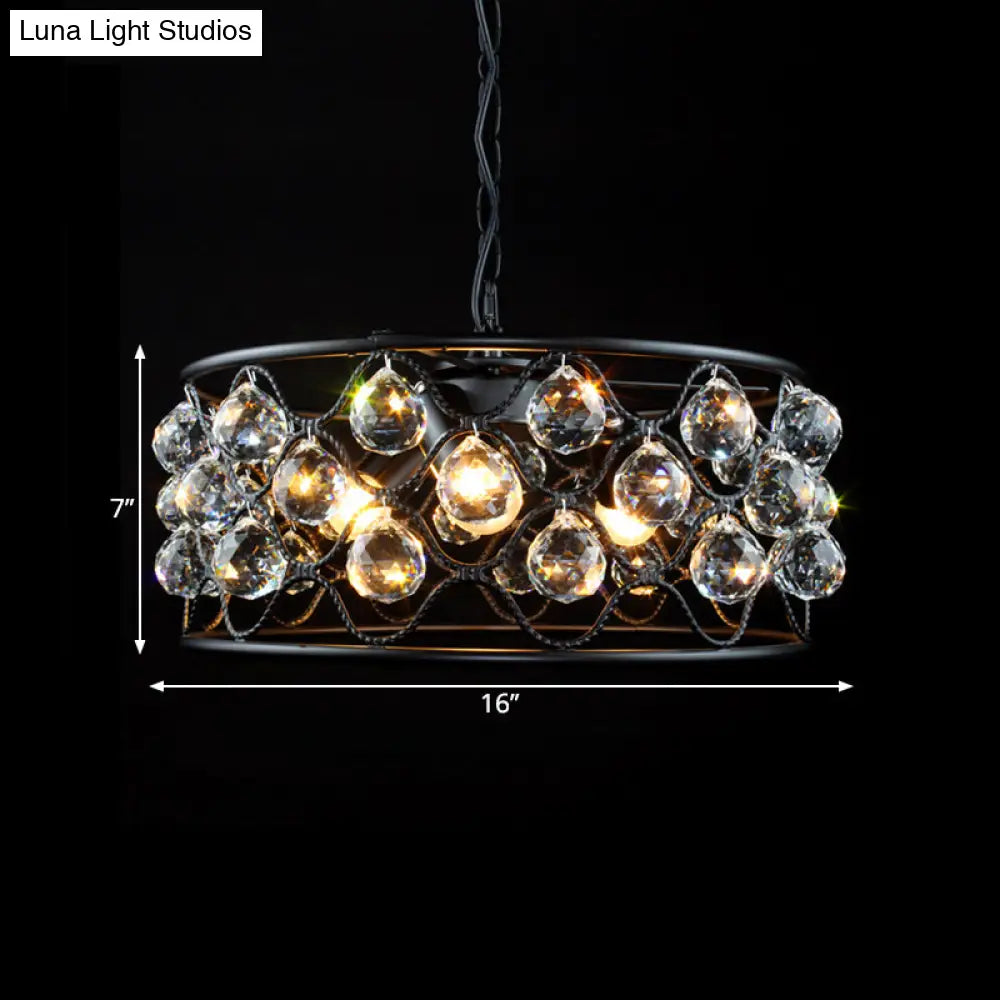 Vintage Metal And Crystal Drum Chandelier - 3 Lights Black Ceiling Light For Living Room