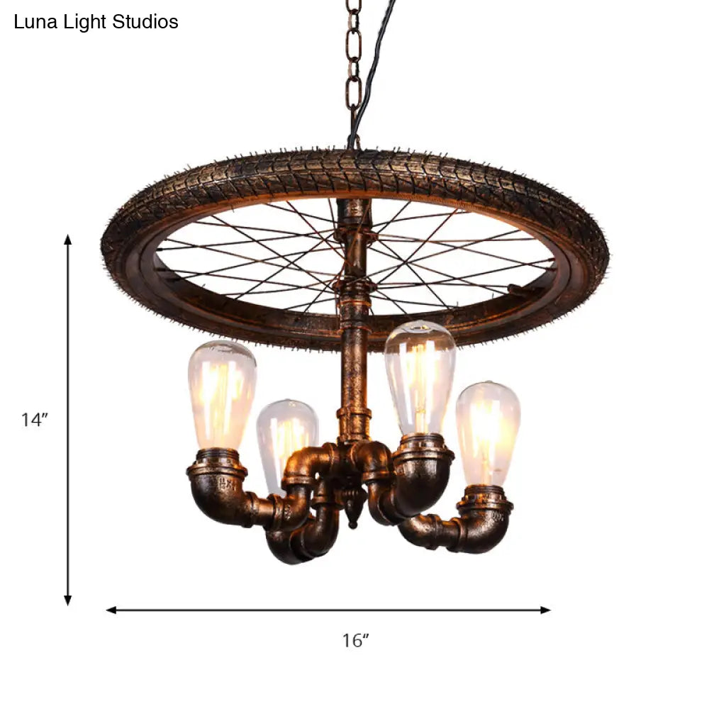 Vintage Metal Chandelier - 4 Lights Rust Pendant Light With Pipe Wheel Design For Living Room