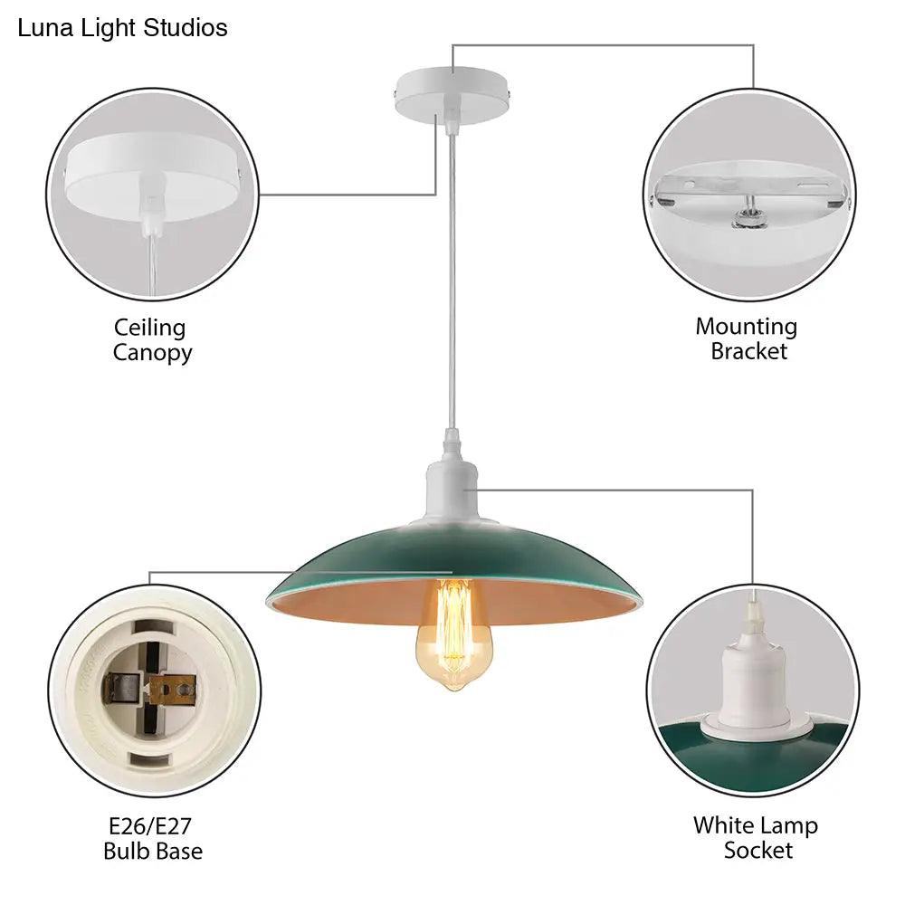 Vintage Metal Saucer Shade Pendant Ceiling Light: Green/Red Stylish 1-Light Fixture For Table