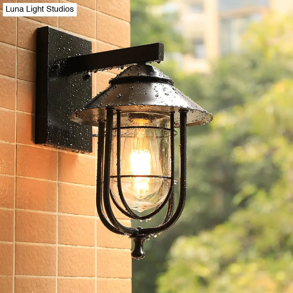 Vintage Metal Wall Mounted Sconce With Clear Glass Shade - Wire Cage Outdoor Lamp Black Finish