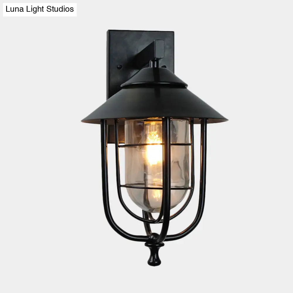 Vintage Metal Wall Mounted Sconce With Clear Glass Shade - Wire Cage Outdoor Lamp Black Finish