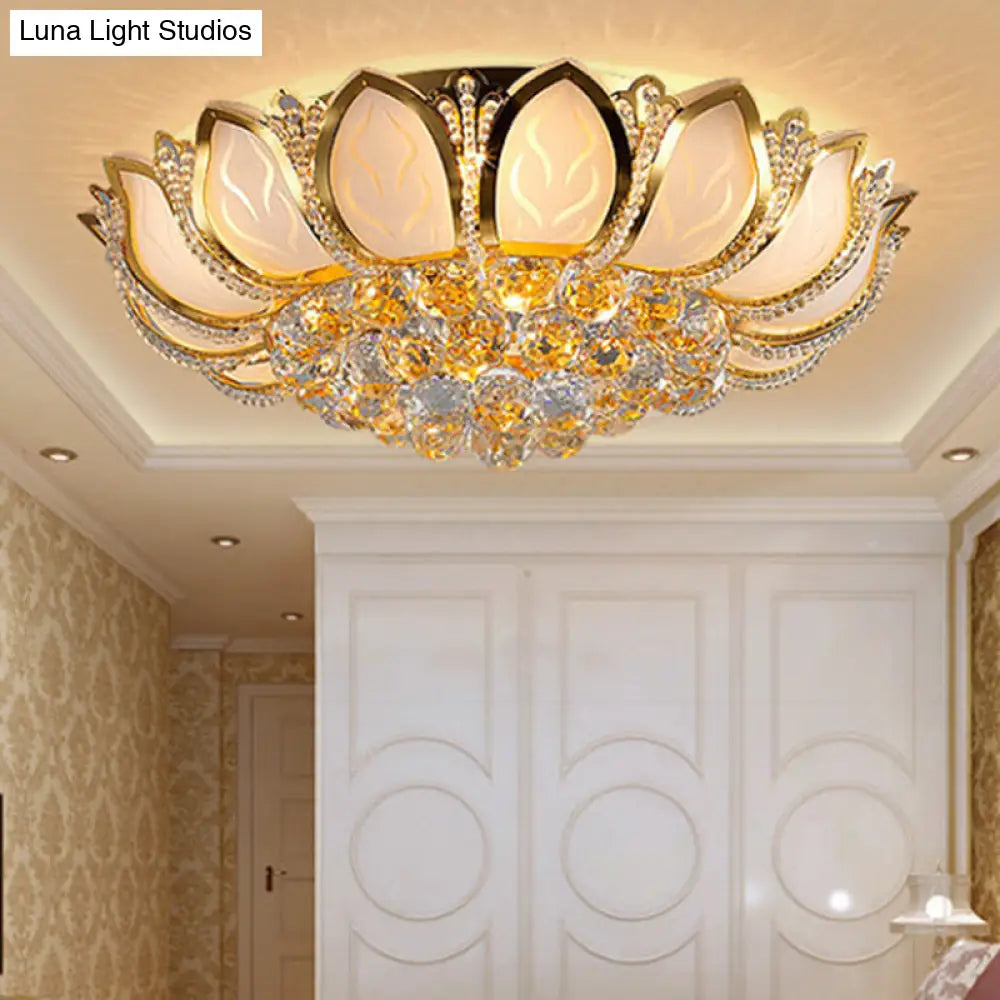 Vintage Petal Flushed Gold Ceiling Light With Frosted Glass & Clear Crystal Ball Décor - 18’/19.5’ W