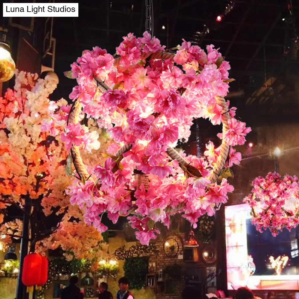 Vintage Pink Ball Pendant Light With Flower Decor For Restaurant - Led Ceiling Lamp