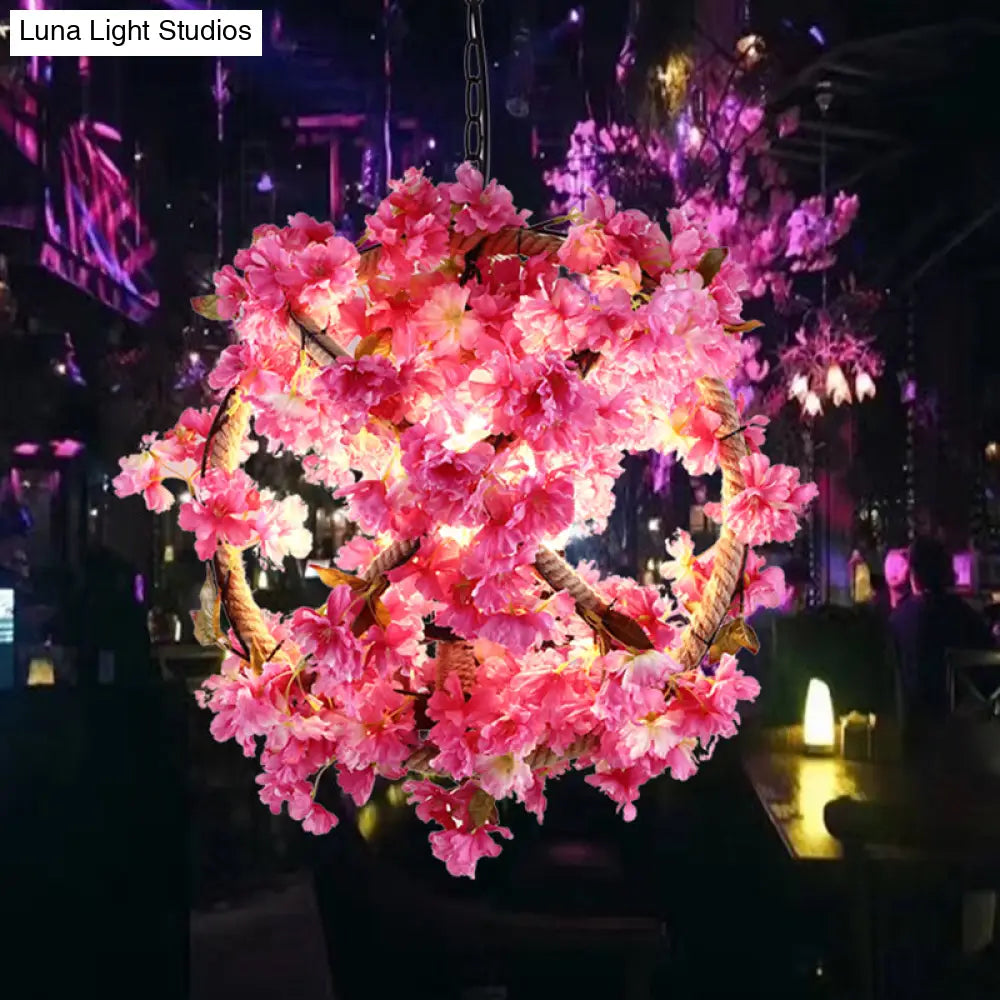 Vintage Pink Ball Pendant Light With Flower Decor For Restaurant - Led Ceiling Lamp