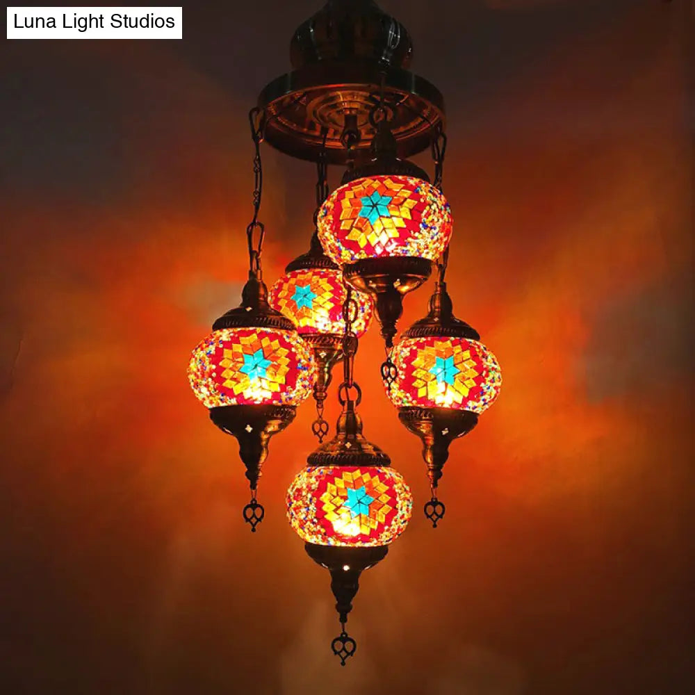 Vintage Stained Art Glass Chandelier - 5-Light Fixture For Bedroom Décor Orange/Blue