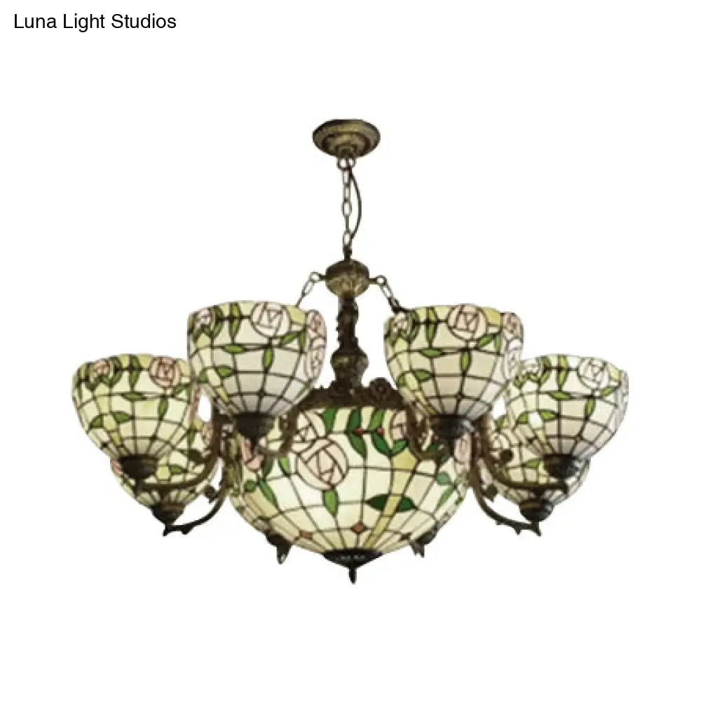 Vintage Stained Glass Chandelier - 8 Arm Industrial Pendant With Center Bowl Ideal For Dining Room
