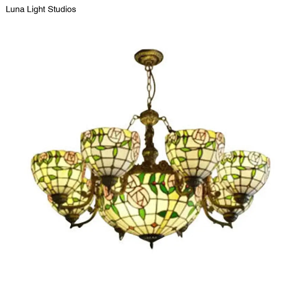 Vintage Stained Glass Chandelier - 8 Arm Industrial Pendant With Center Bowl Ideal For Dining Room