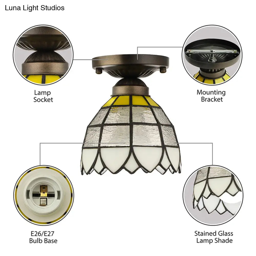 Vintage Stained Glass Domed Flush Mount Light Fixture For Bedroom