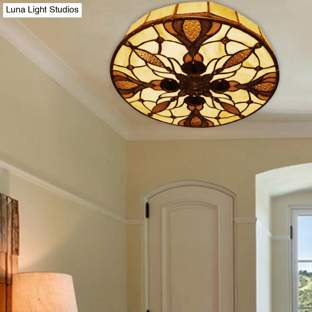 Vintage Stained Glass Flushmount Ceiling Light With Peacock Tail Pattern In Beige - 2 Lights