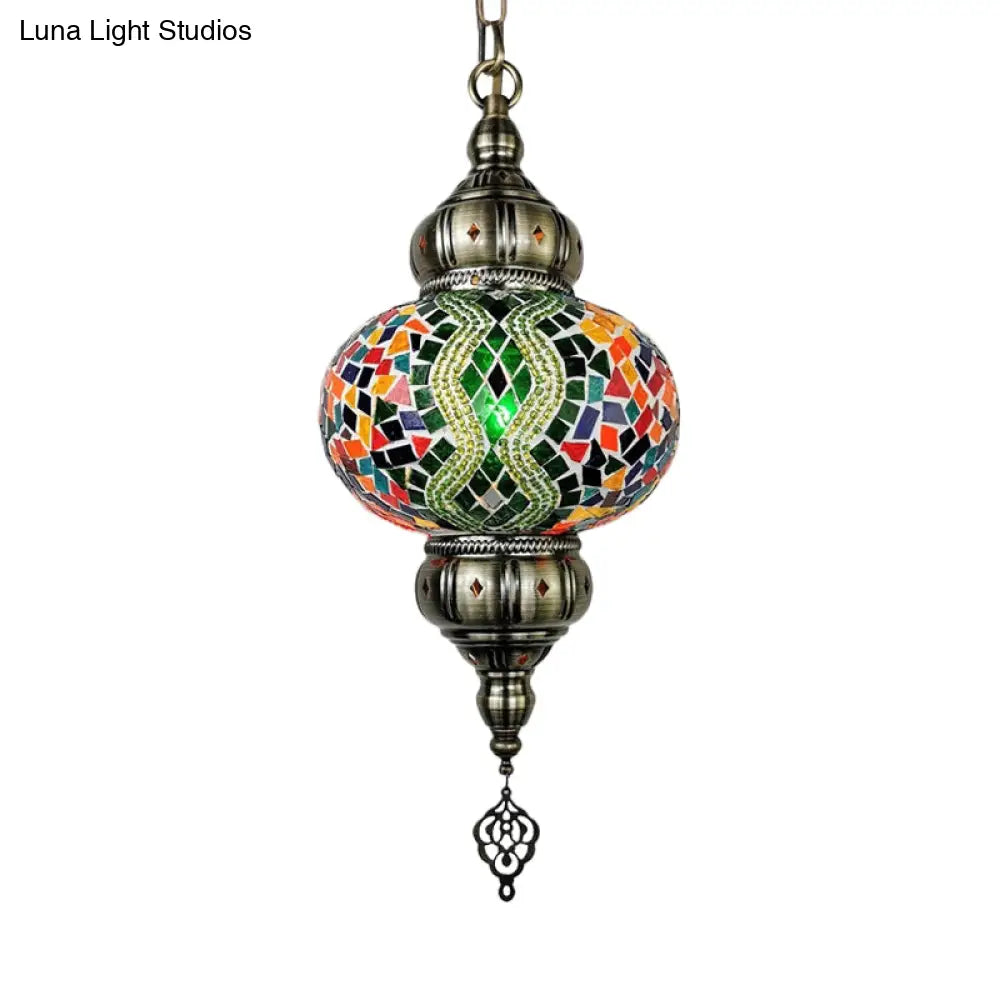 Vintage Stained Glass Pendant Lamp - Red/Orange/Green Oval Single Head Suspension Lighting