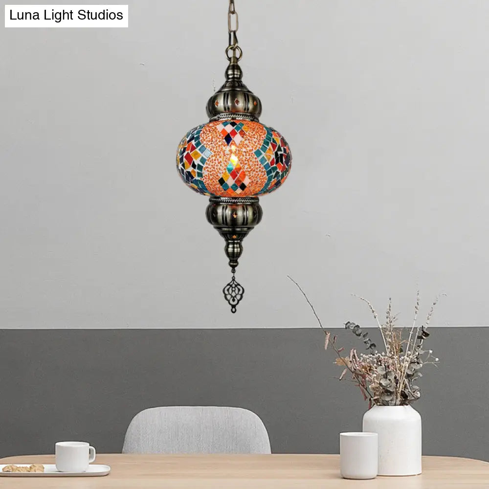 Vintage Stained Glass Pendant Lamp - Red/Orange/Green Oval Single Head Suspension Lighting