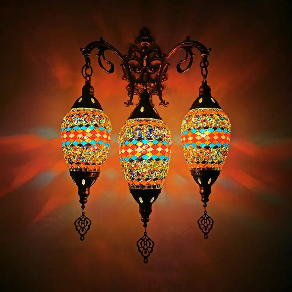 Vintage Stained Glass Wall Mount Light Fixture - Yellow/Orange/Blue Oval 3 Lights Orange